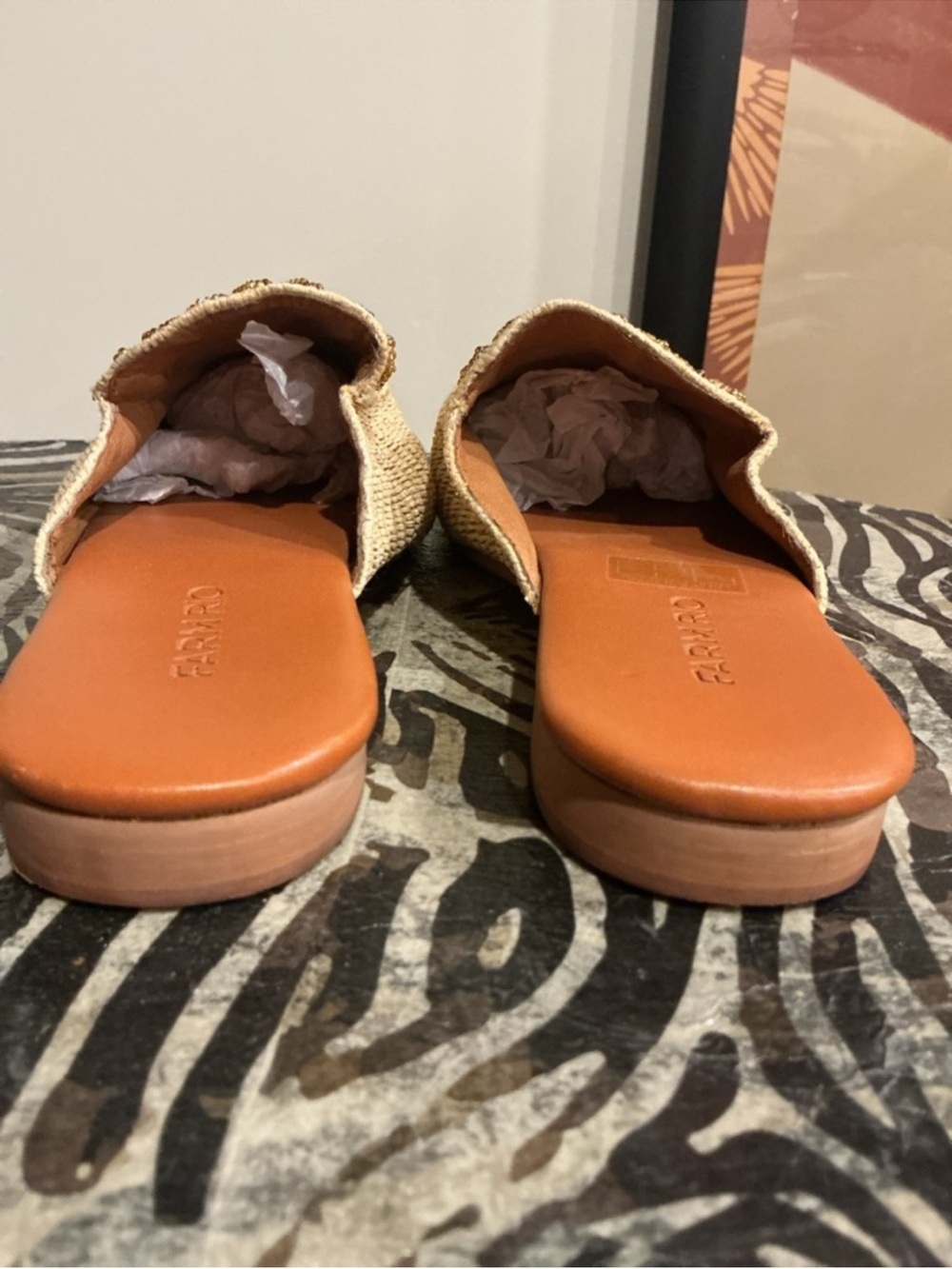FARM Rio Macaw Beige Woven Slip-On Mules w/Beaded Palm Tree & Parrot, NIB, 10/42 - Picture 4 of 13